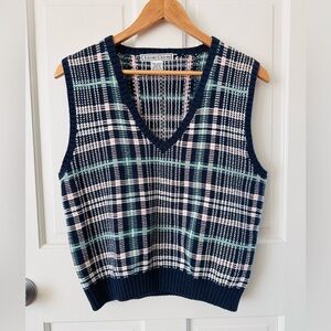 Vintage IZOD Club Navy Plaid Women's Sweater Vest Cotton Preppy Size S